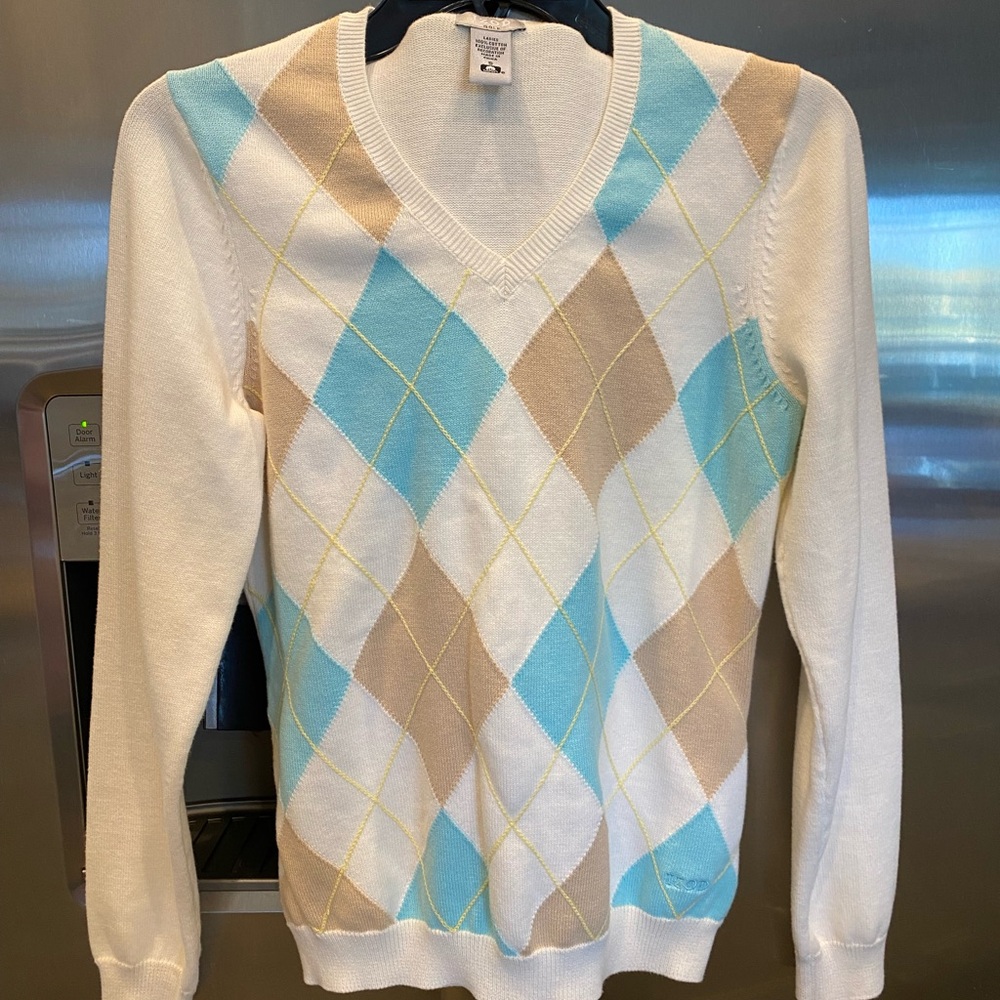 Izod V-Neck Argyle Sweater - White, Blue, Tan